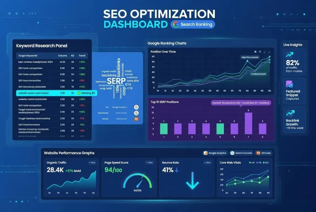 Professional SEO services illustration showing Google ranking optimization and website analytics
