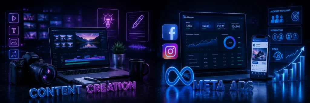 Content creation and Meta ads marketing banner with social media and advertising visuals