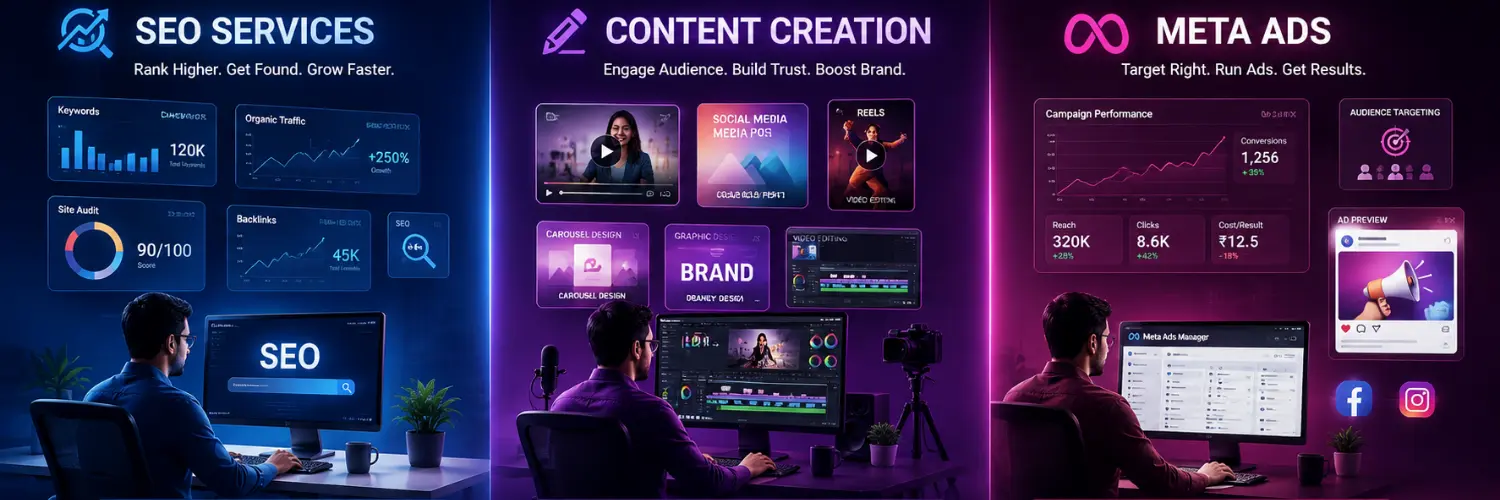 SEO services, content creation, and Meta ads banner for business growth by Apna Vyapar Digital