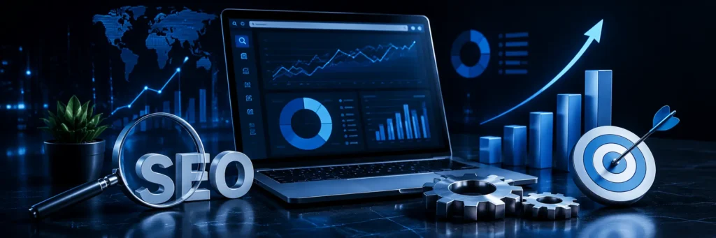 SEO services banner with analytics dashboard, keyword research, and website growth visuals