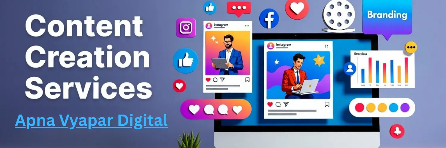 Professional Content Creation Services banner showing social media marketing workspace with creative digital content and branding visuals