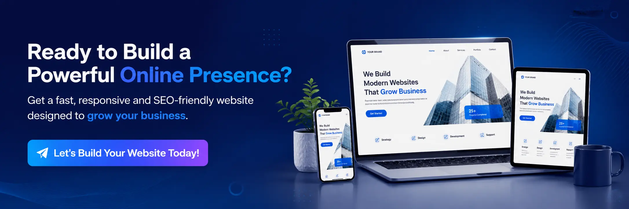 Call-to-action banner for responsive Website Design & Development Services with modern business website preview.